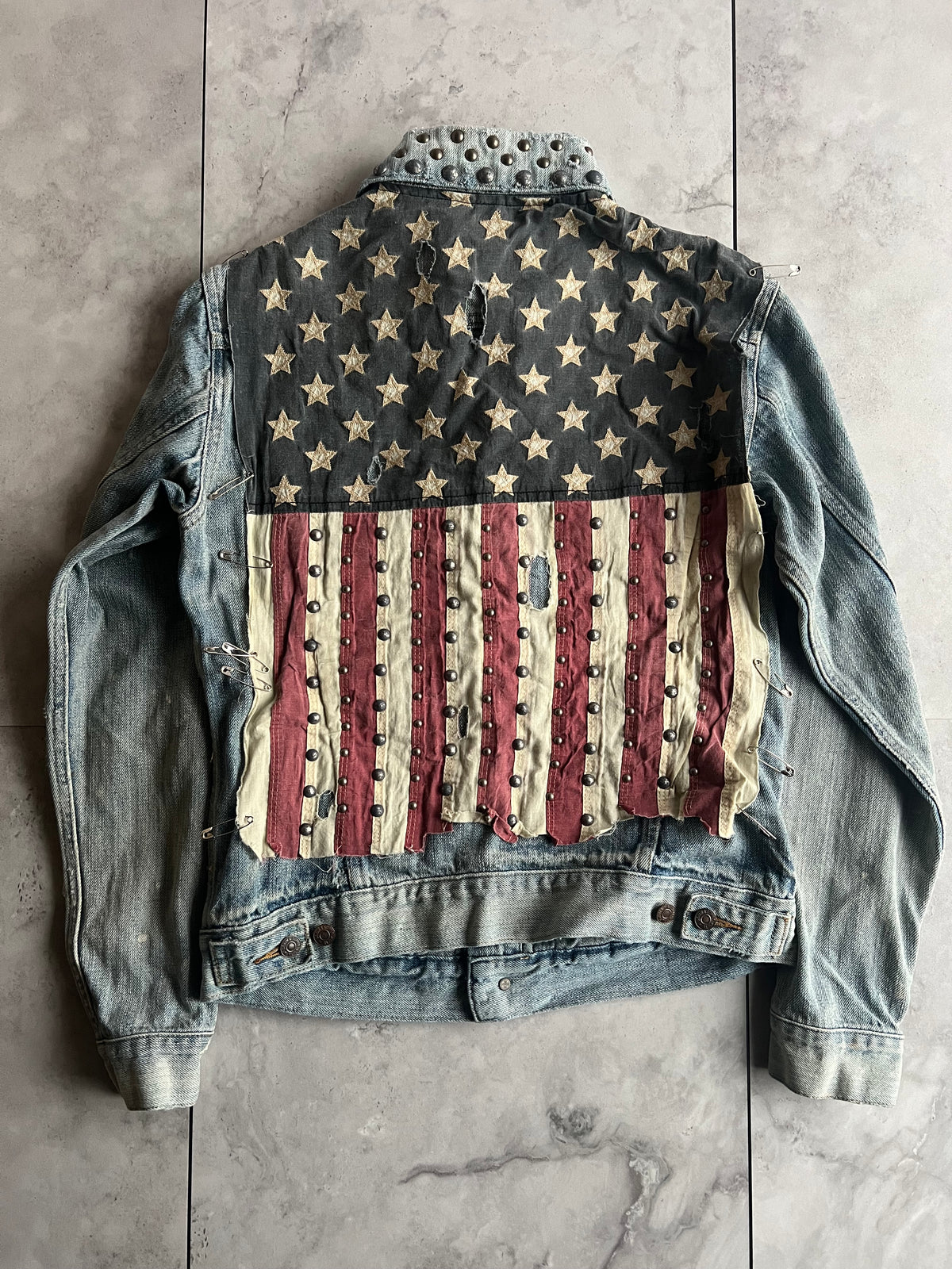 Ralph Denim & Supply Studded American Flag Safety Pin Denim Jacket