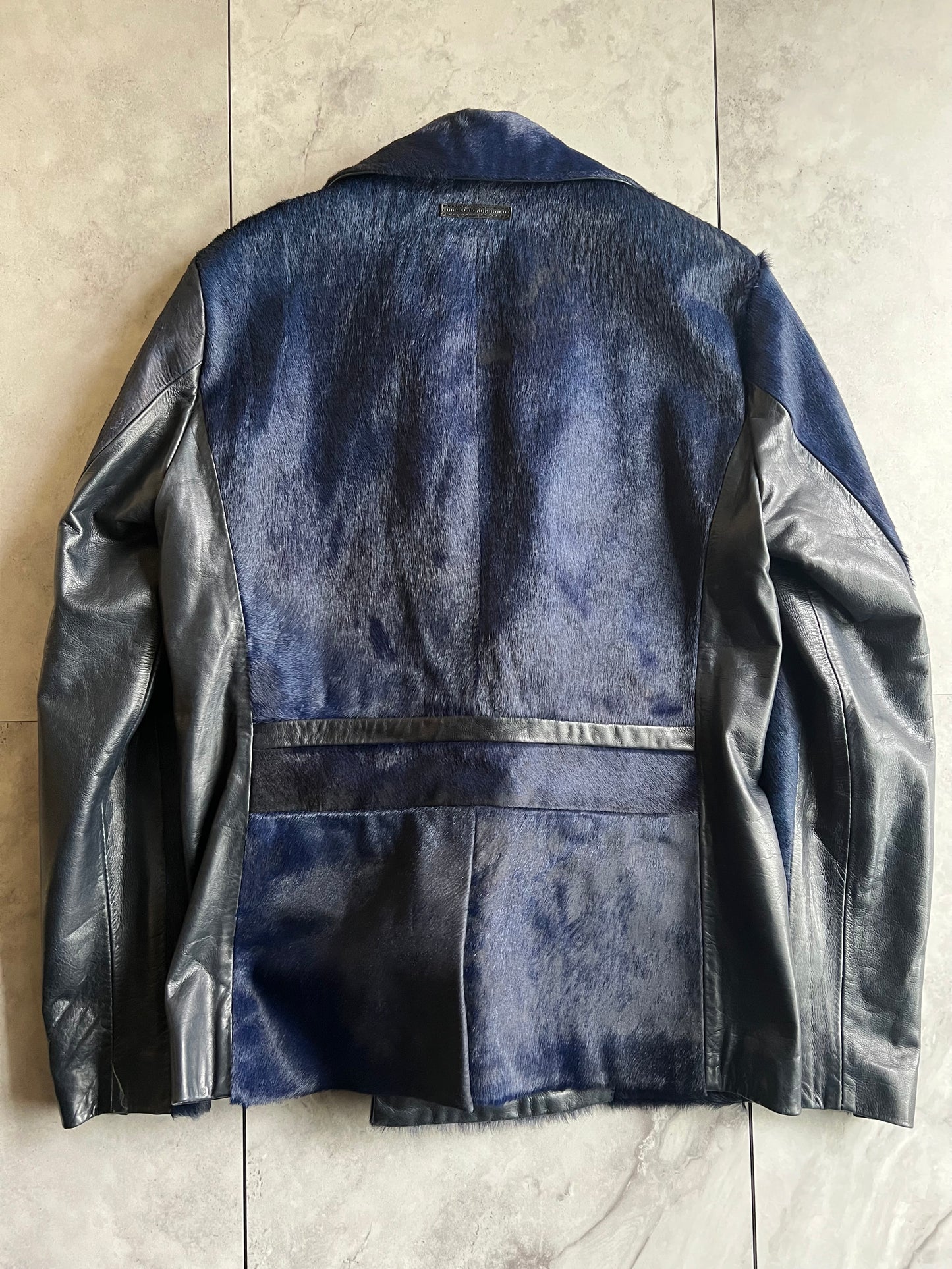 Diesel Black Gold Blue Pony Hair Pea Coat Leather Jacket
