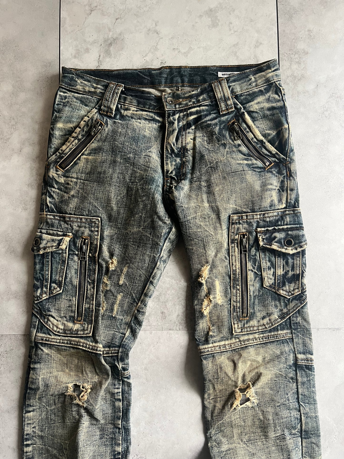 Semantic Design Heavy Acid Wash Distressed Zip Denim