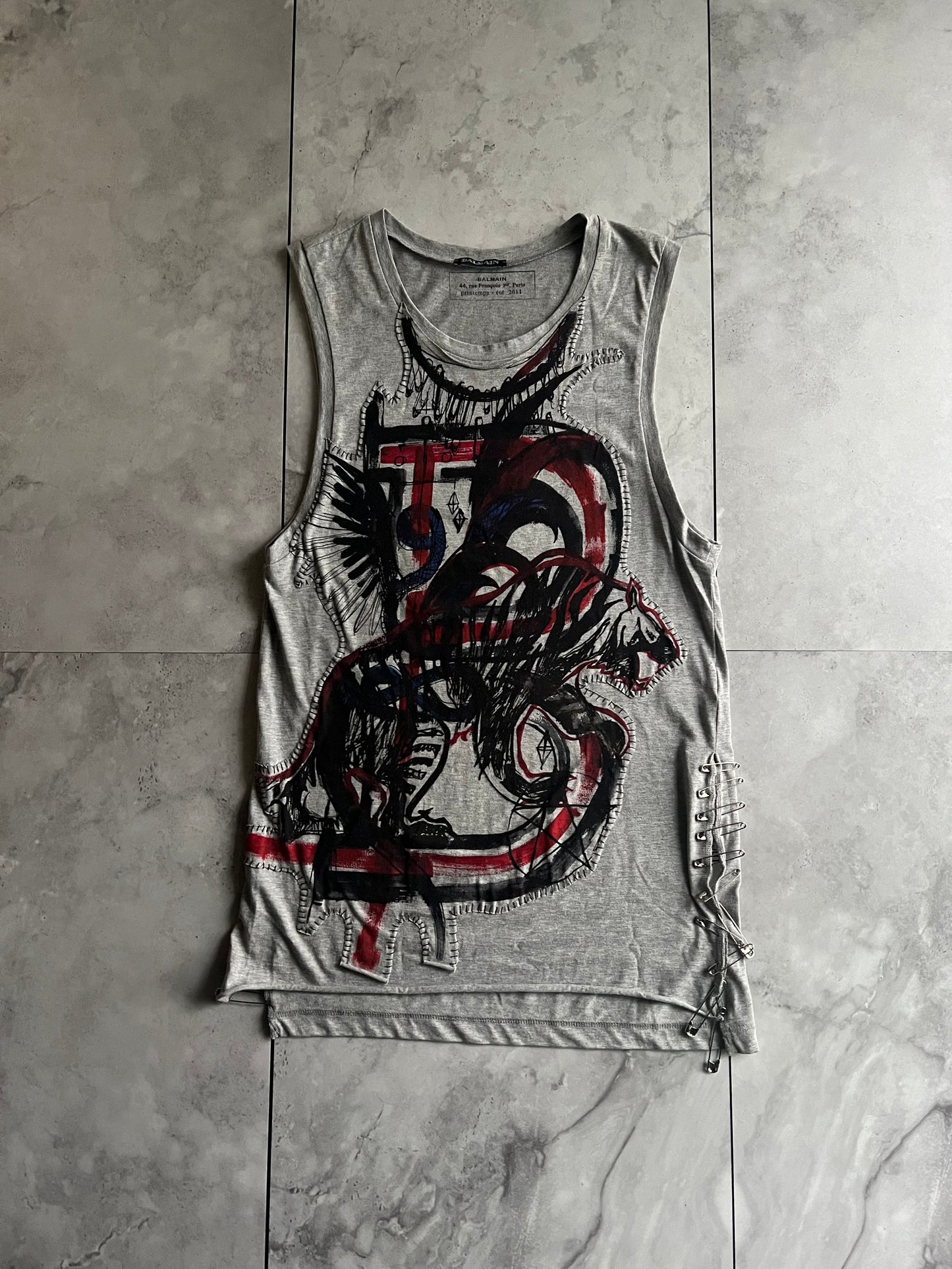 Balmain S/S11 Embroidered Graffiti Safety Pin Tank