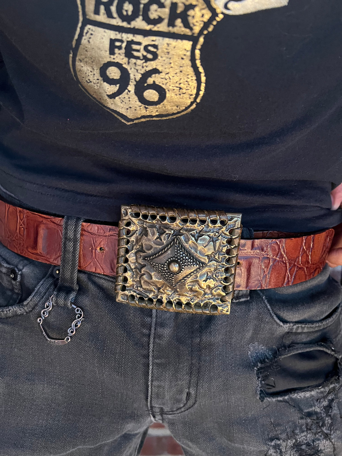 291295 Homme Italian Croc Leather Geometric Buckle Belt