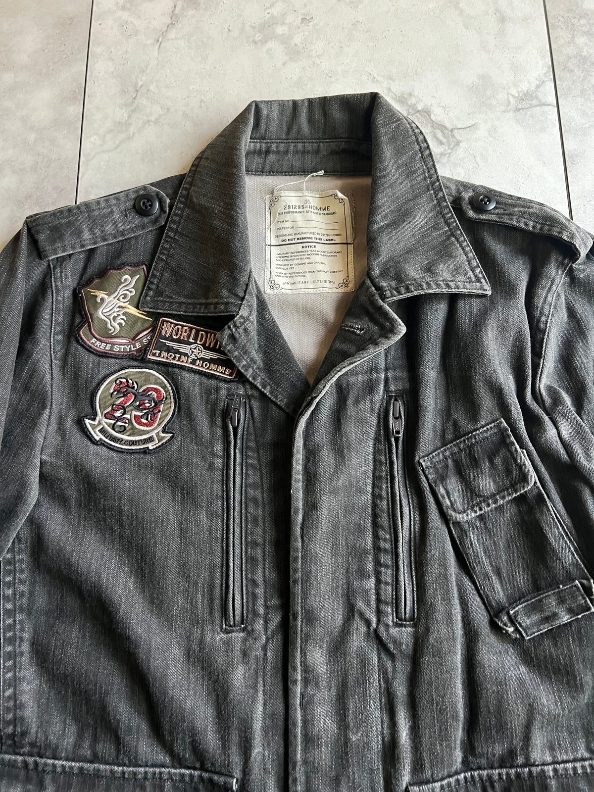 291295 Homme Embroidery Patch Military Double Zip Denim Jacket