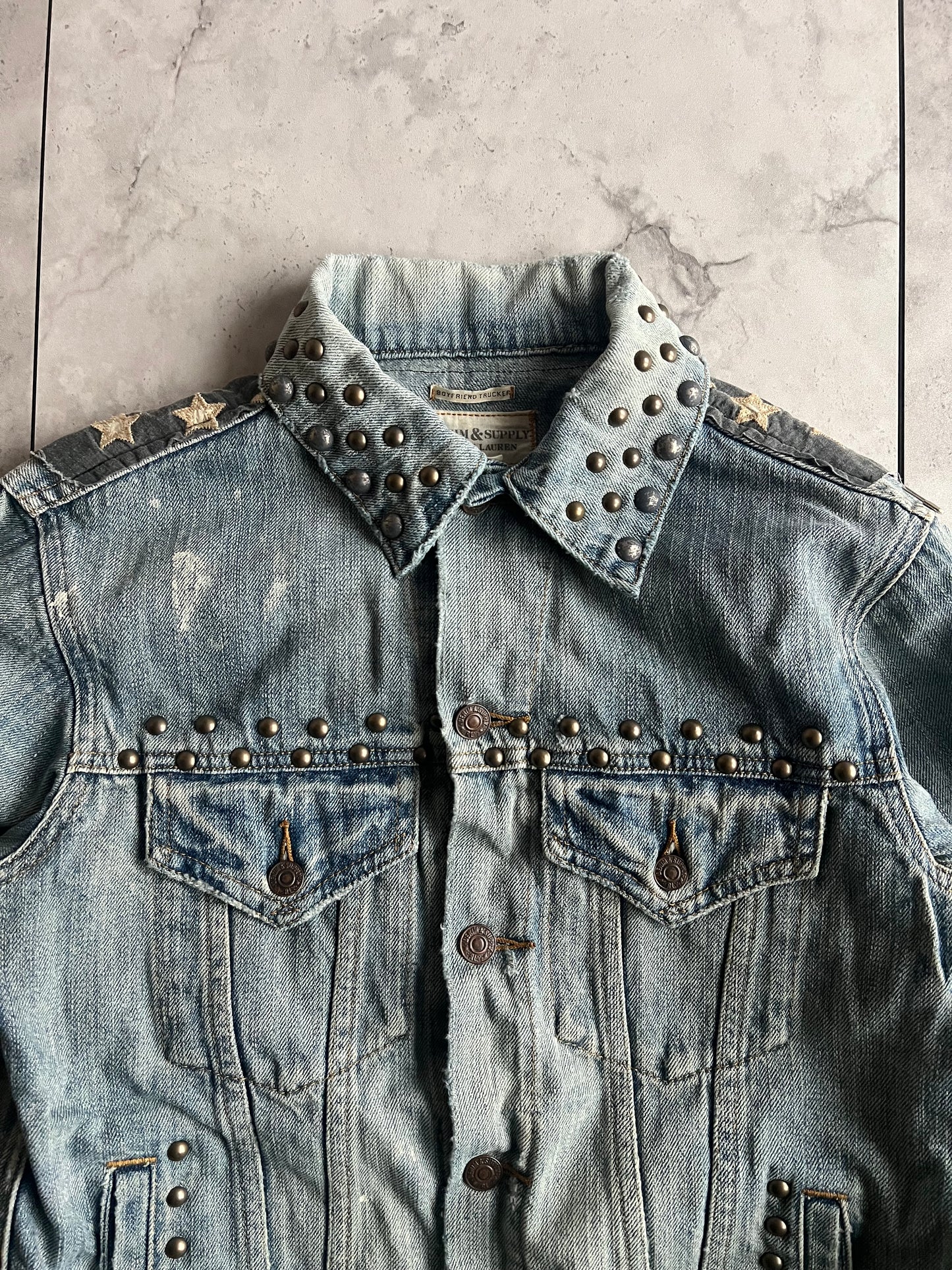 Ralph Denim & Supply Studded American Flag Safety Pin Denim Jacket
