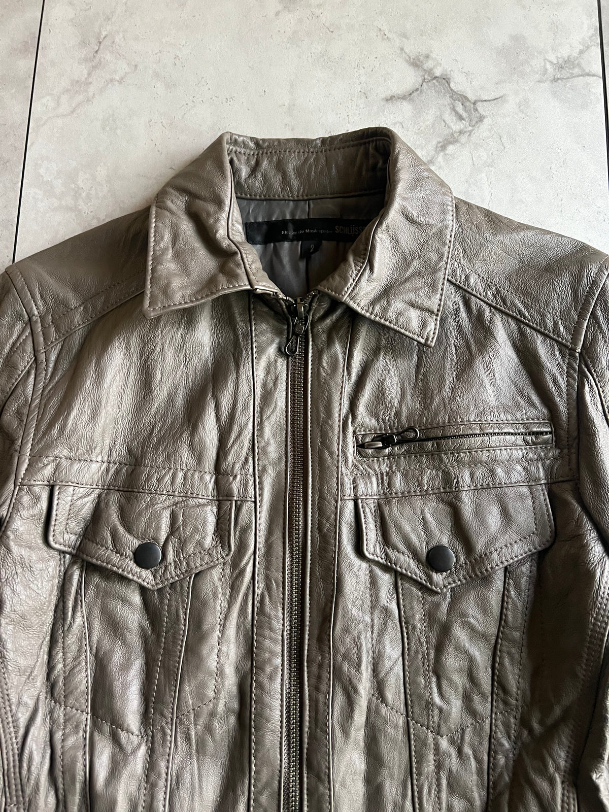 Schlussel Grey Single Zip Western Leather Jacket