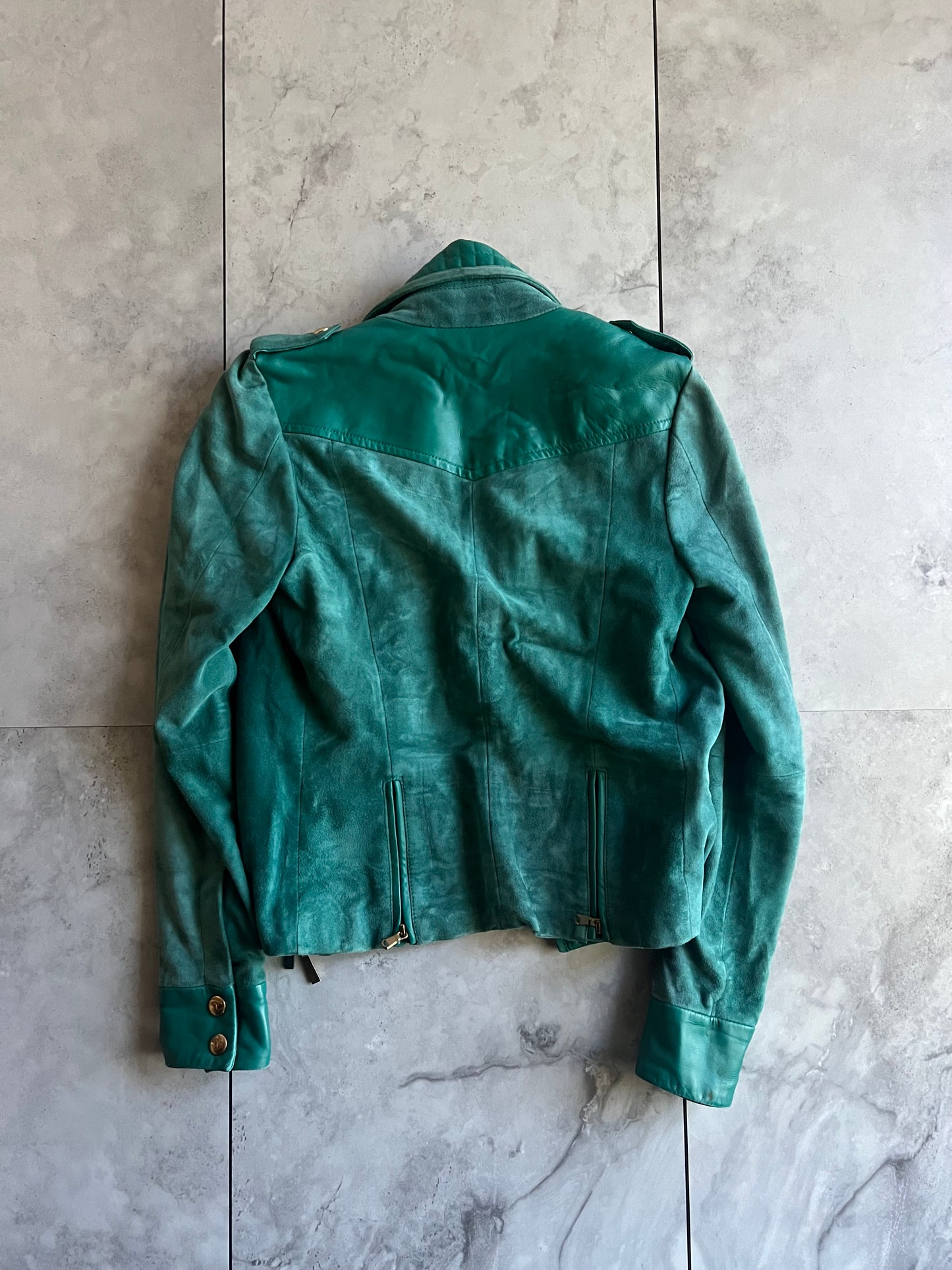 Just Cavalli Suede Quilted Turquoise Leather Jacket