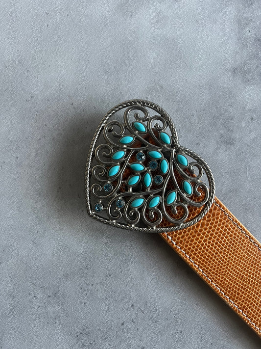 Alzuni Turqoise Rhinestone Snake Print Heart Leather Belt