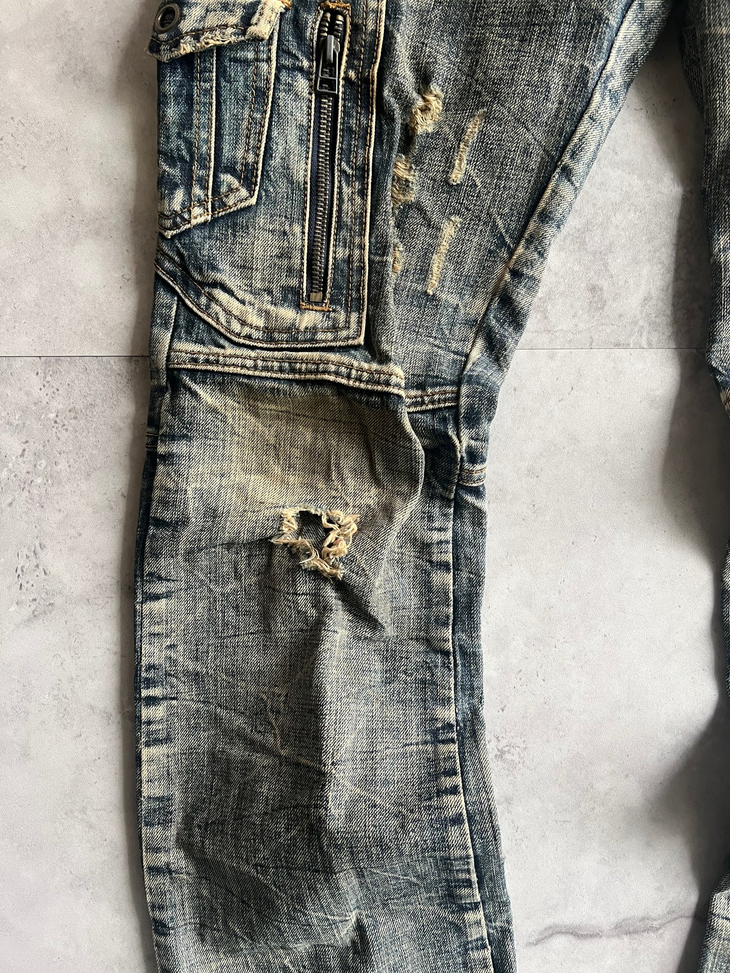 Semantic Design Heavy Acid Wash Distressed Zip Denim