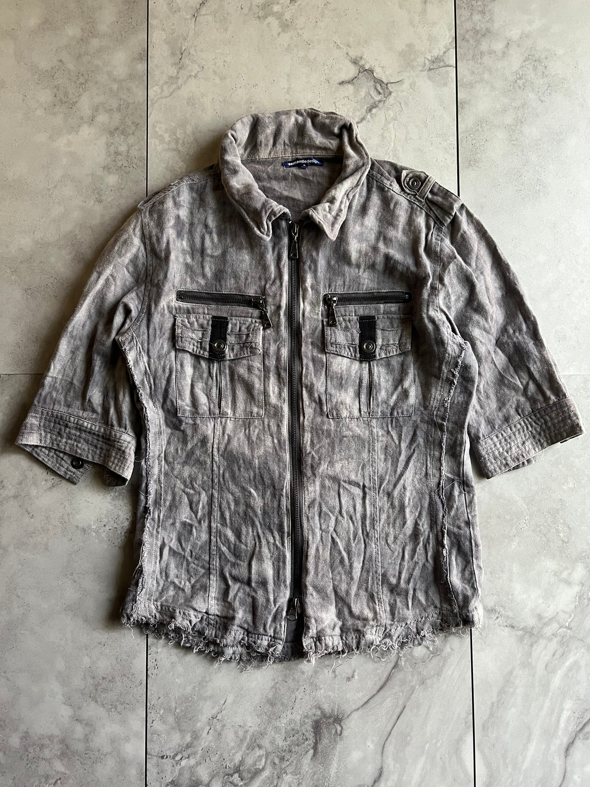 Semantic Design Zip-Up Military Grey Wash Shirt