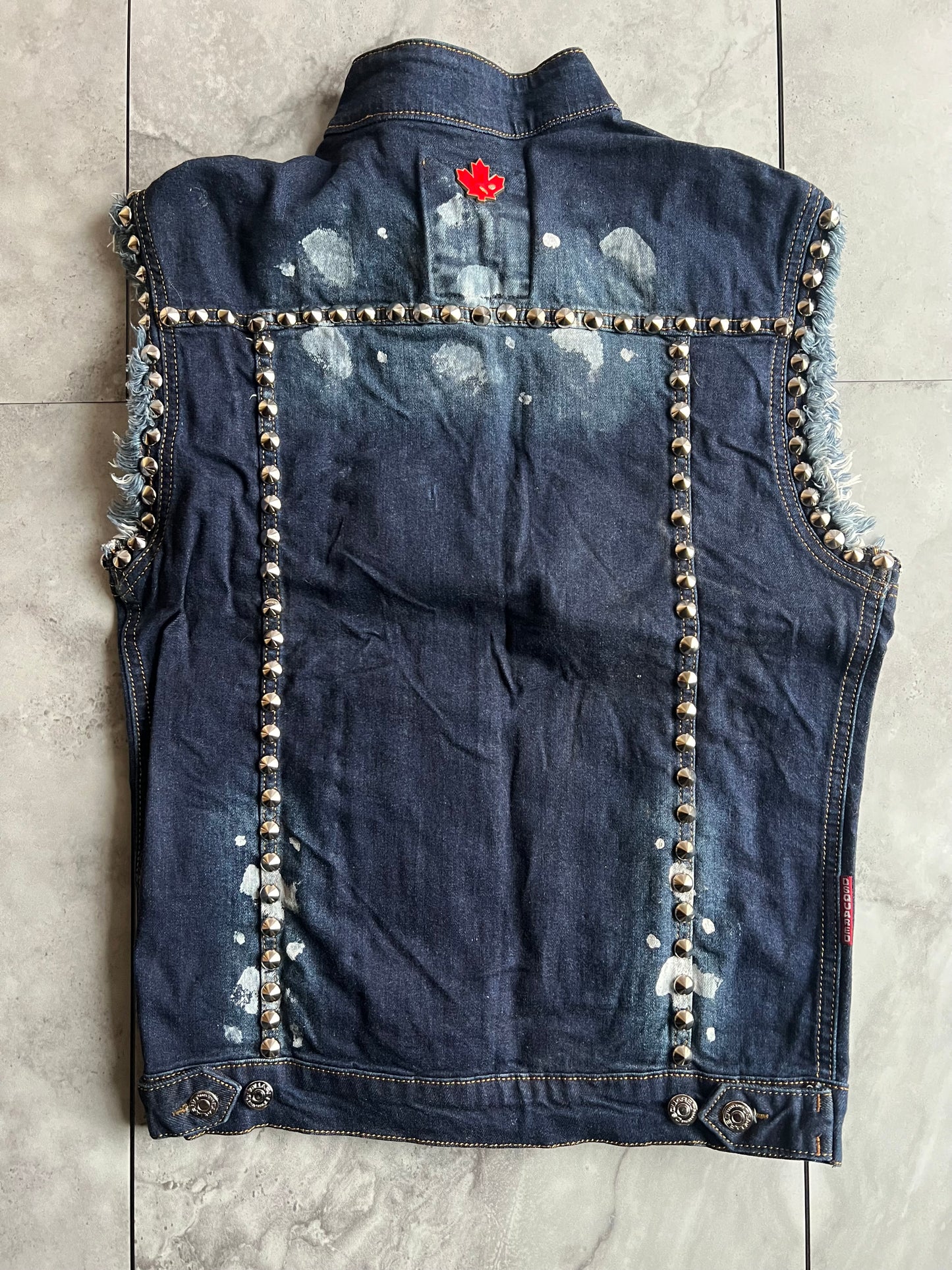 Dsquared Studded Paint Splatter Denim Zip-Up Vest