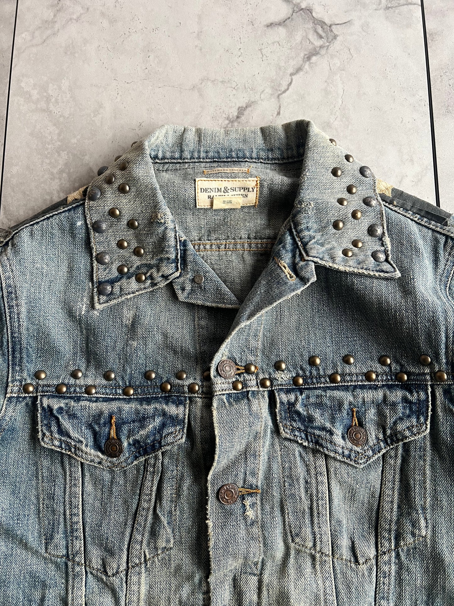 Ralph Lauren Denim&Supply Studded American Flag Safety Pin Denim Jacket