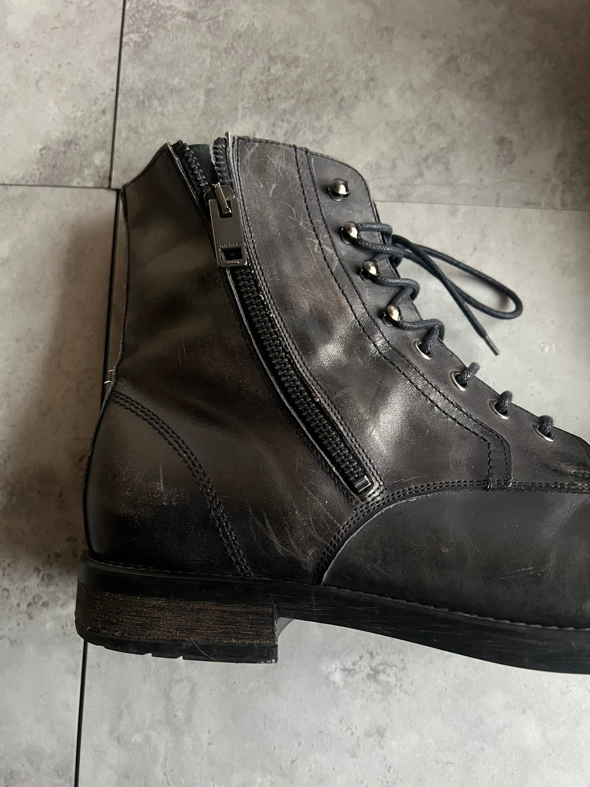 Diesel Side-Zip Leather Lace Hiking Boots