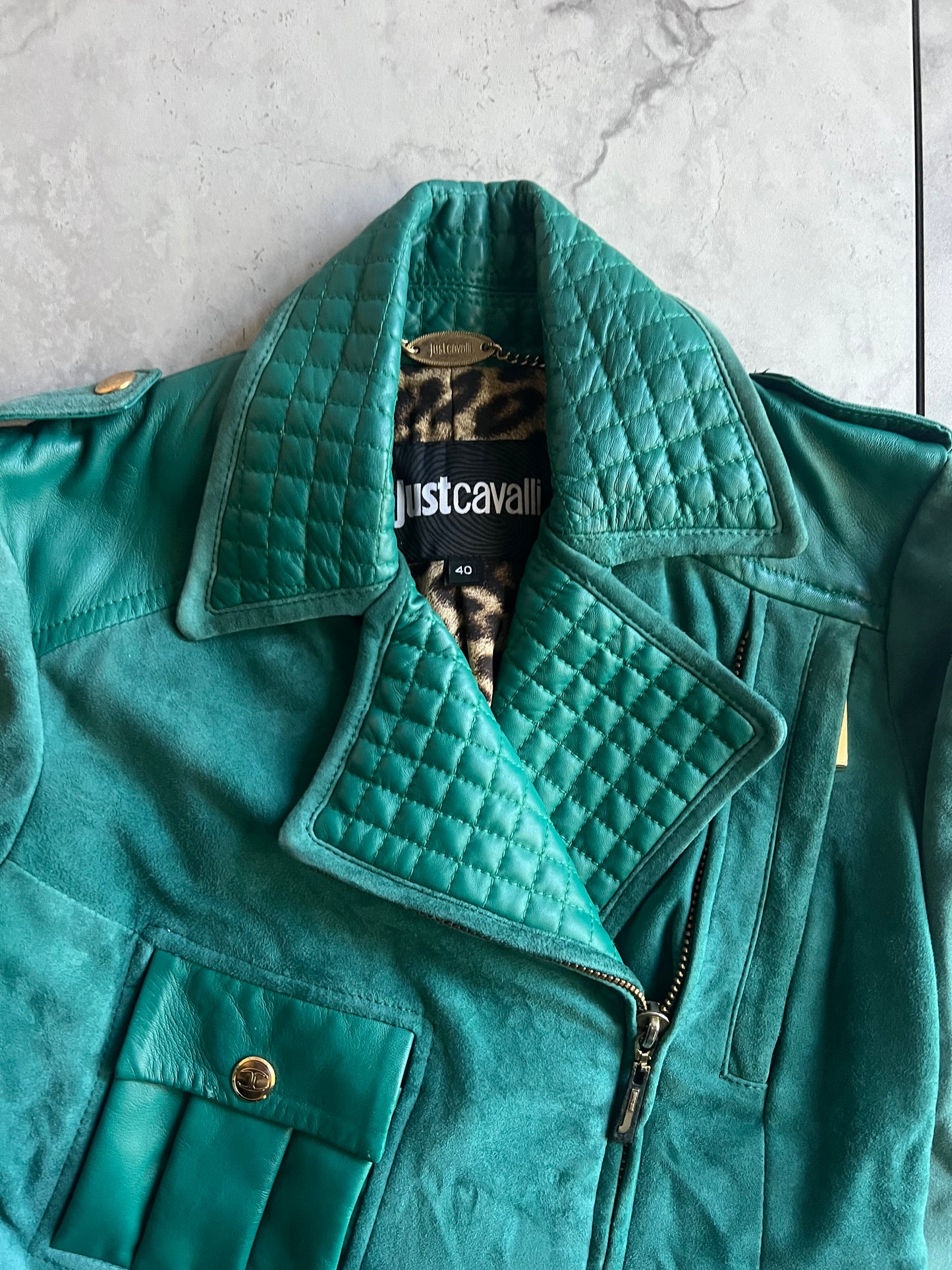 Just Cavalli Suede Quilted Turquoise Leather Jacket