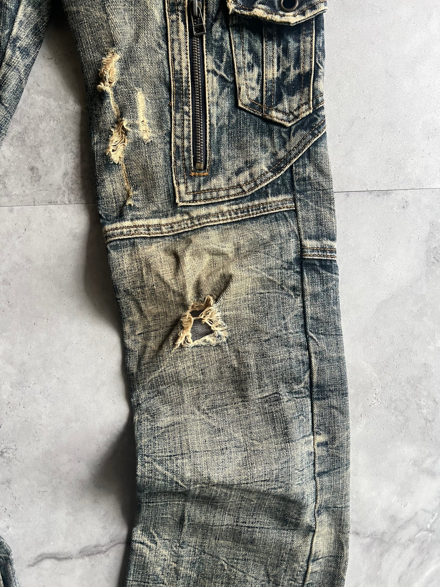 Semantic Design Heavy Acid Wash Distressed Zip Denim