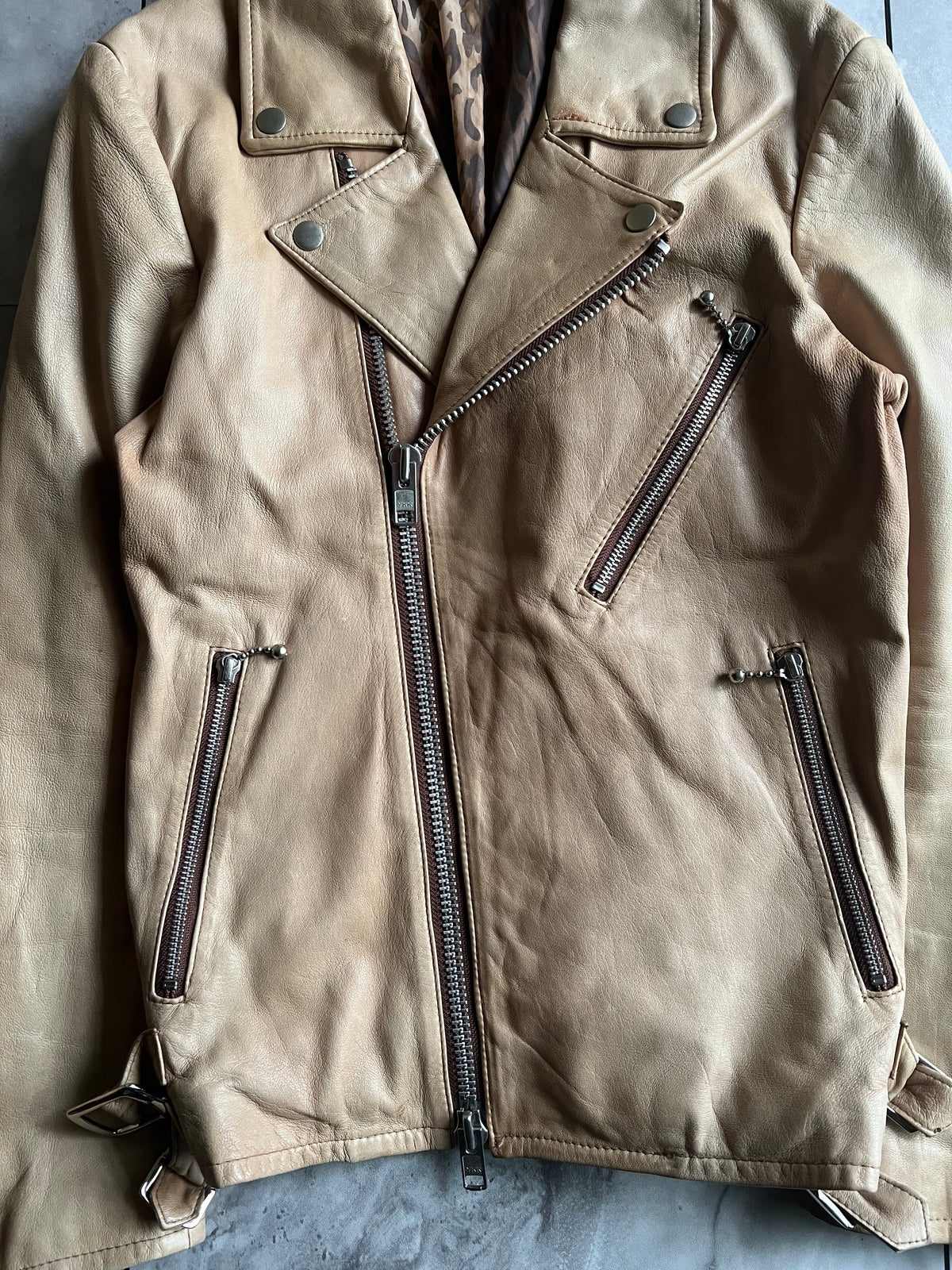 Varosh Leopard Lined Beige Leather Rider Jacket
