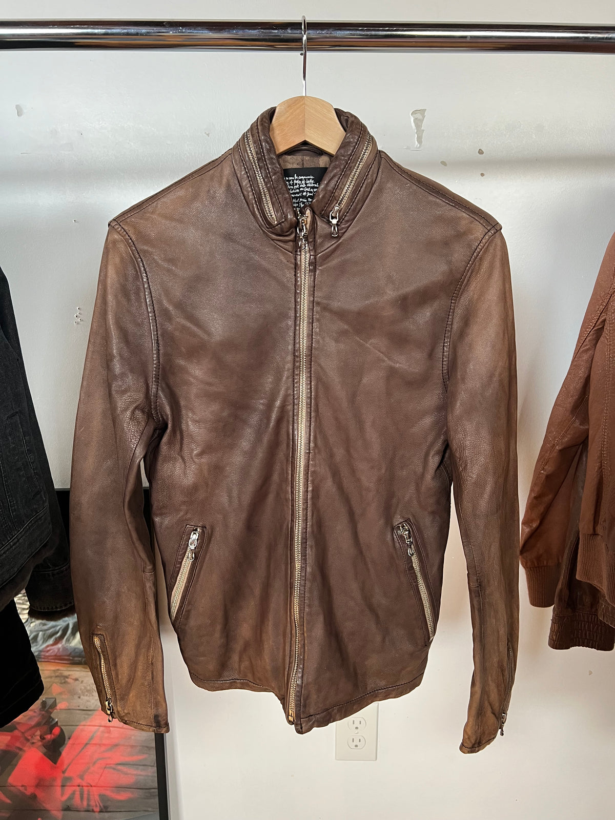 Nano Universe Sheepskin Leather Camo Cotton Lined Zipper Jacket