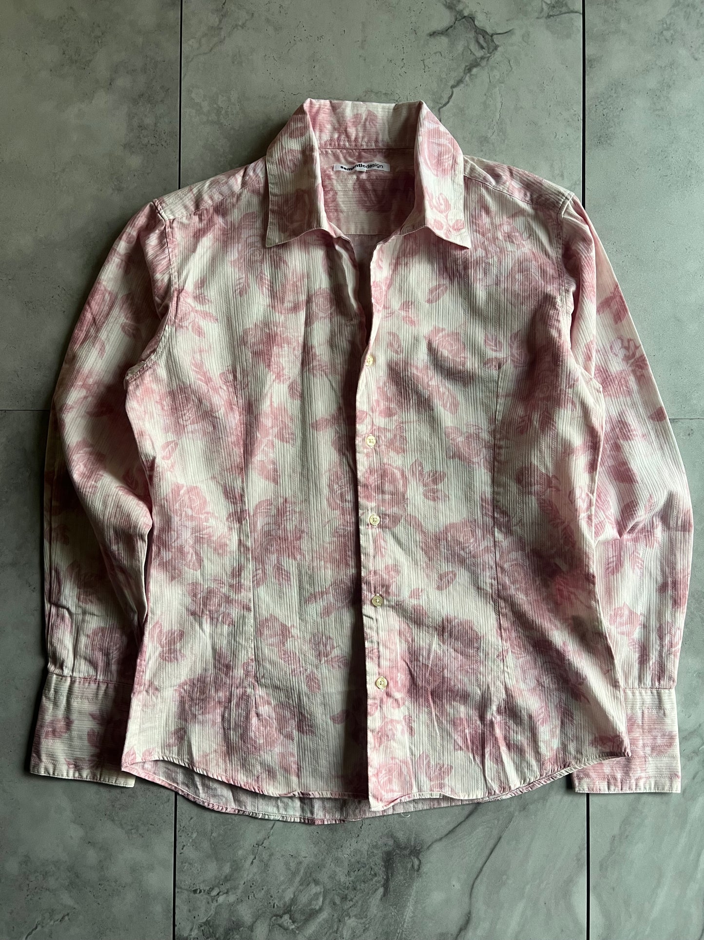 Semantic Design Pink Floral Open Collar Button-Up Shirt