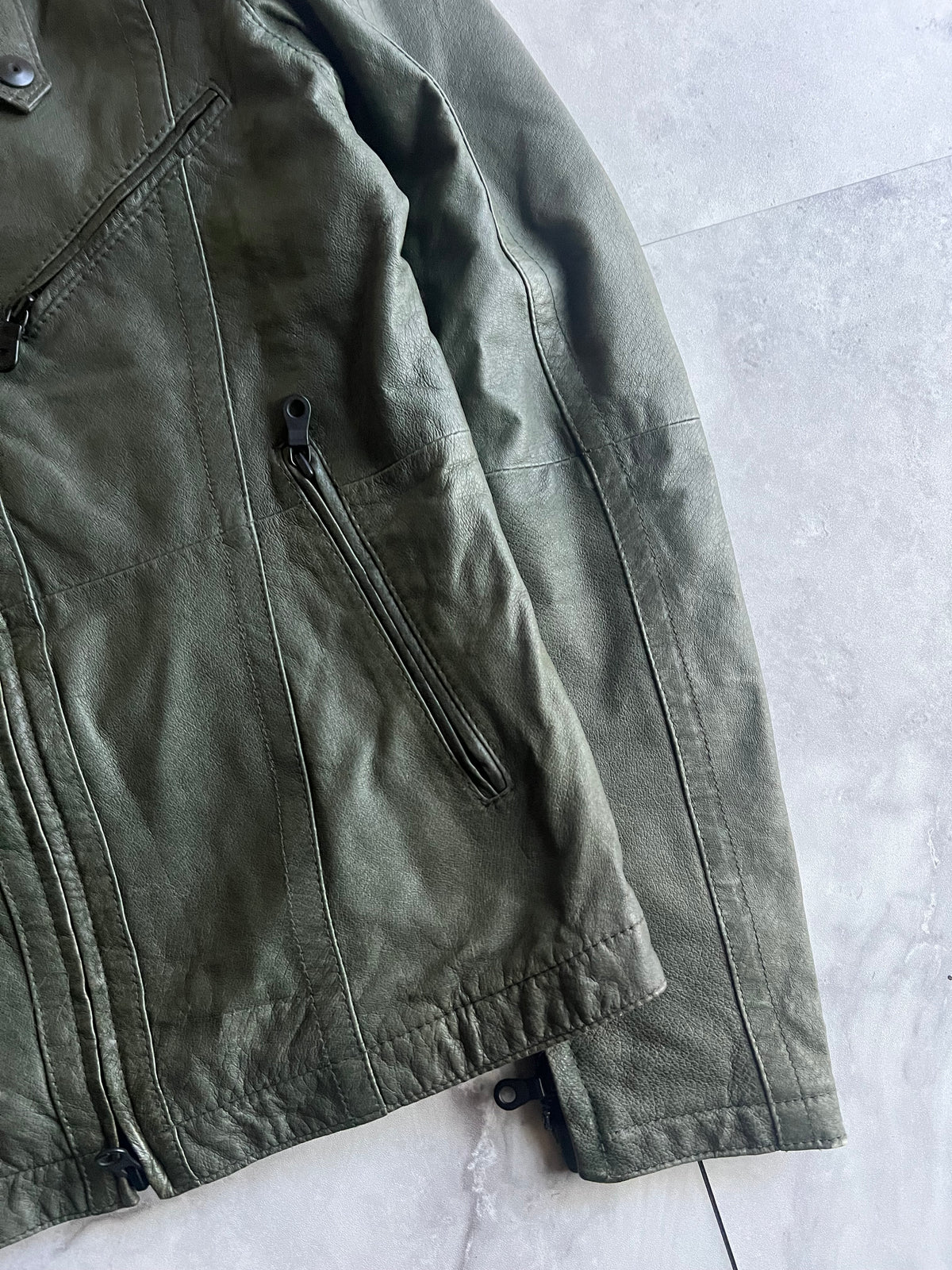 Shellac Green Snap Leather Zip-Up Jacket