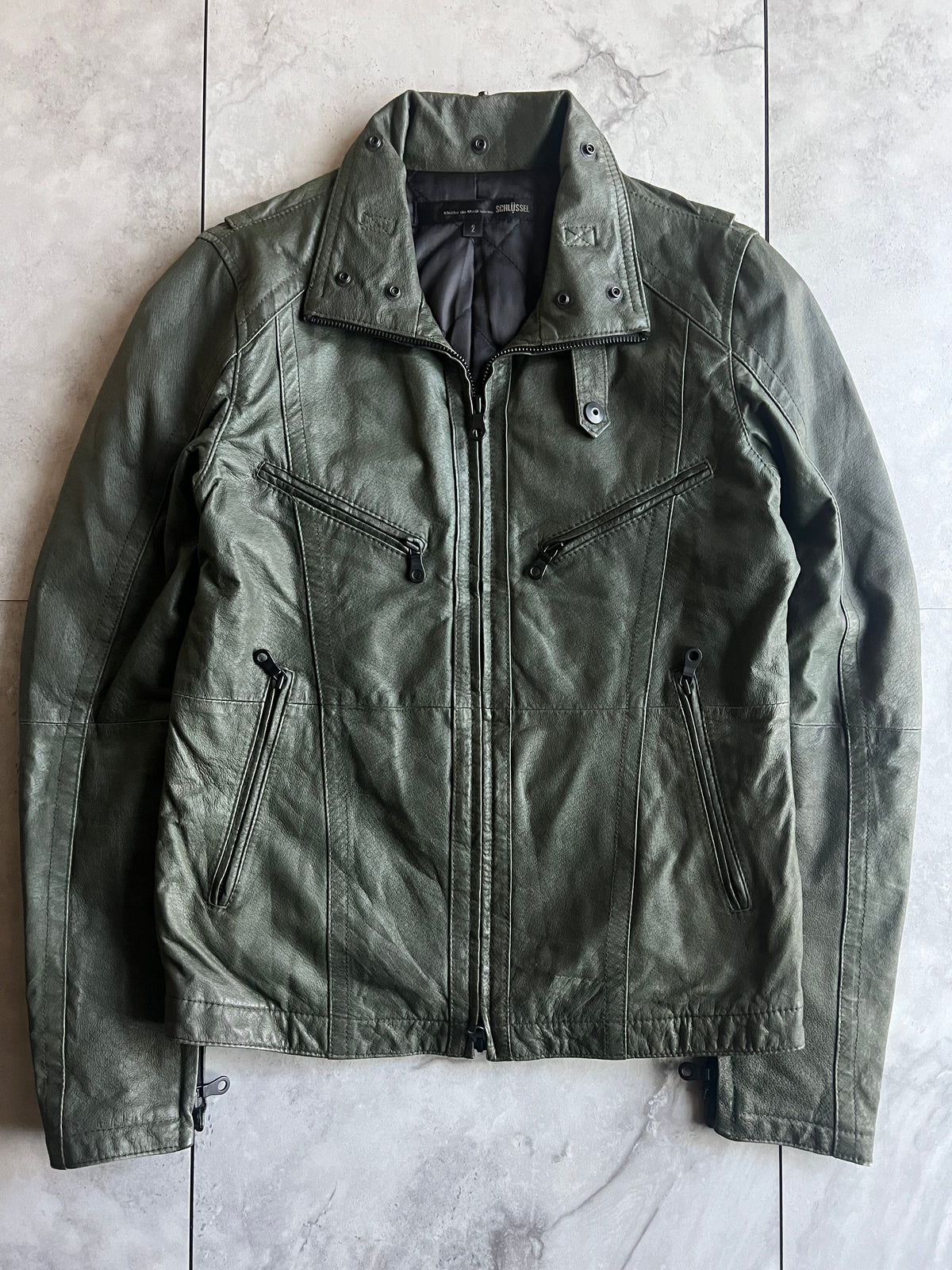 Shellac Green Snap Leather Zip-Up Jacket