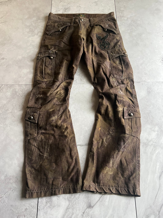 Obelisk Webbed Pocket Embroidered Camo Flared Cargo Pants