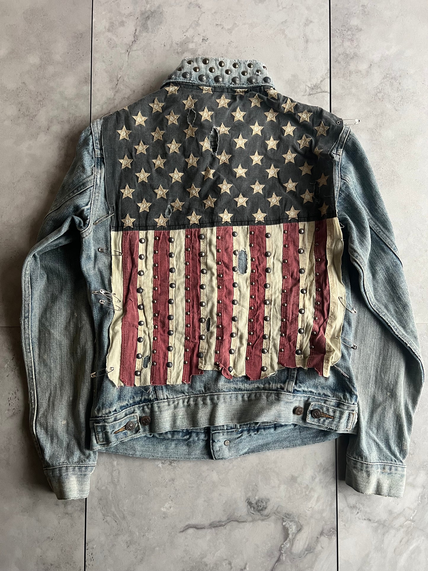 Ralph Denim & Supply Studded American Flag Safety Pin Denim Jacket