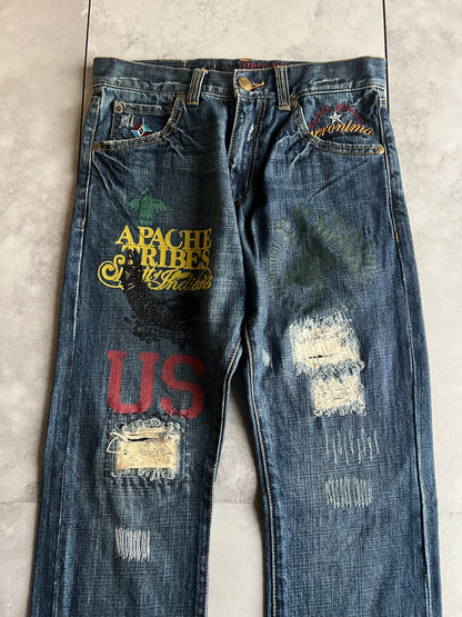 Geronimo Printed Distressed Embroidery “Native” Denim