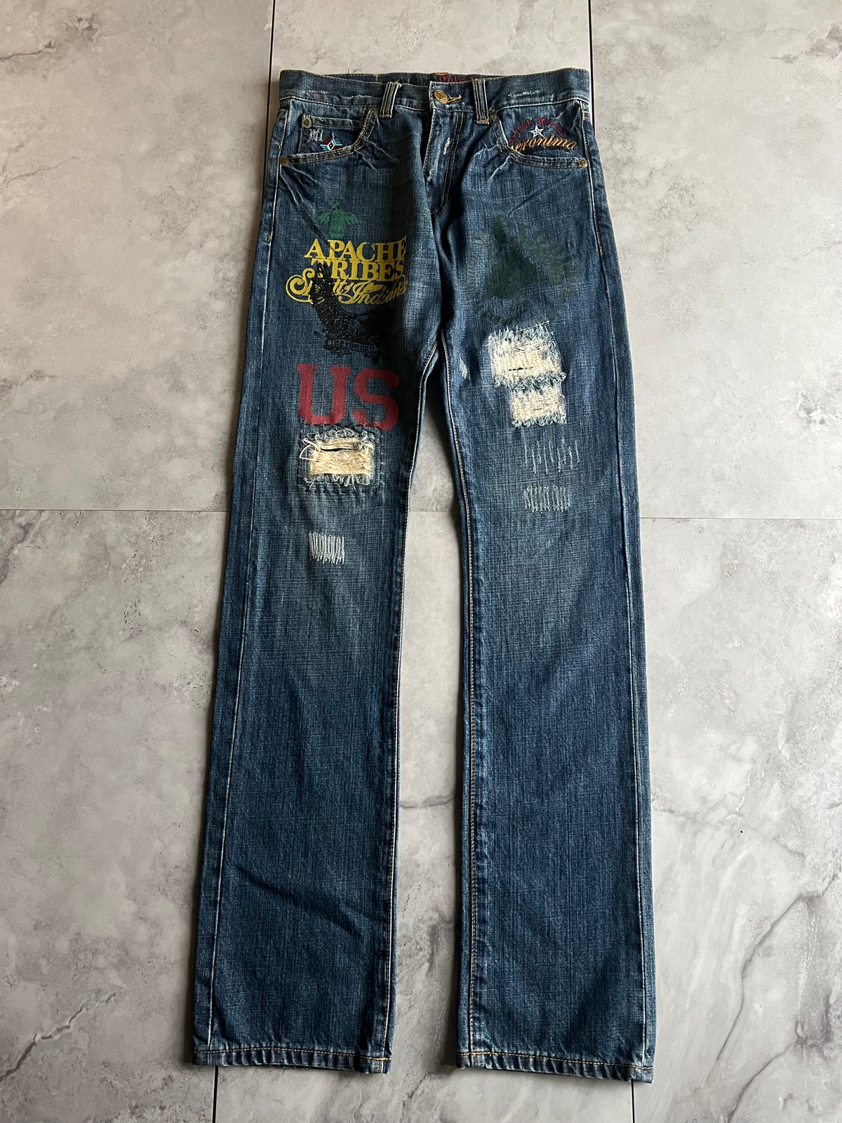 Geronimo Printed Distressed Embroidery “Native” Denim