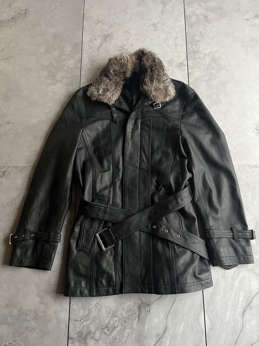 Tak-Q Rabbit Fur Collar Sheepskin Leather Belted Trench Coat