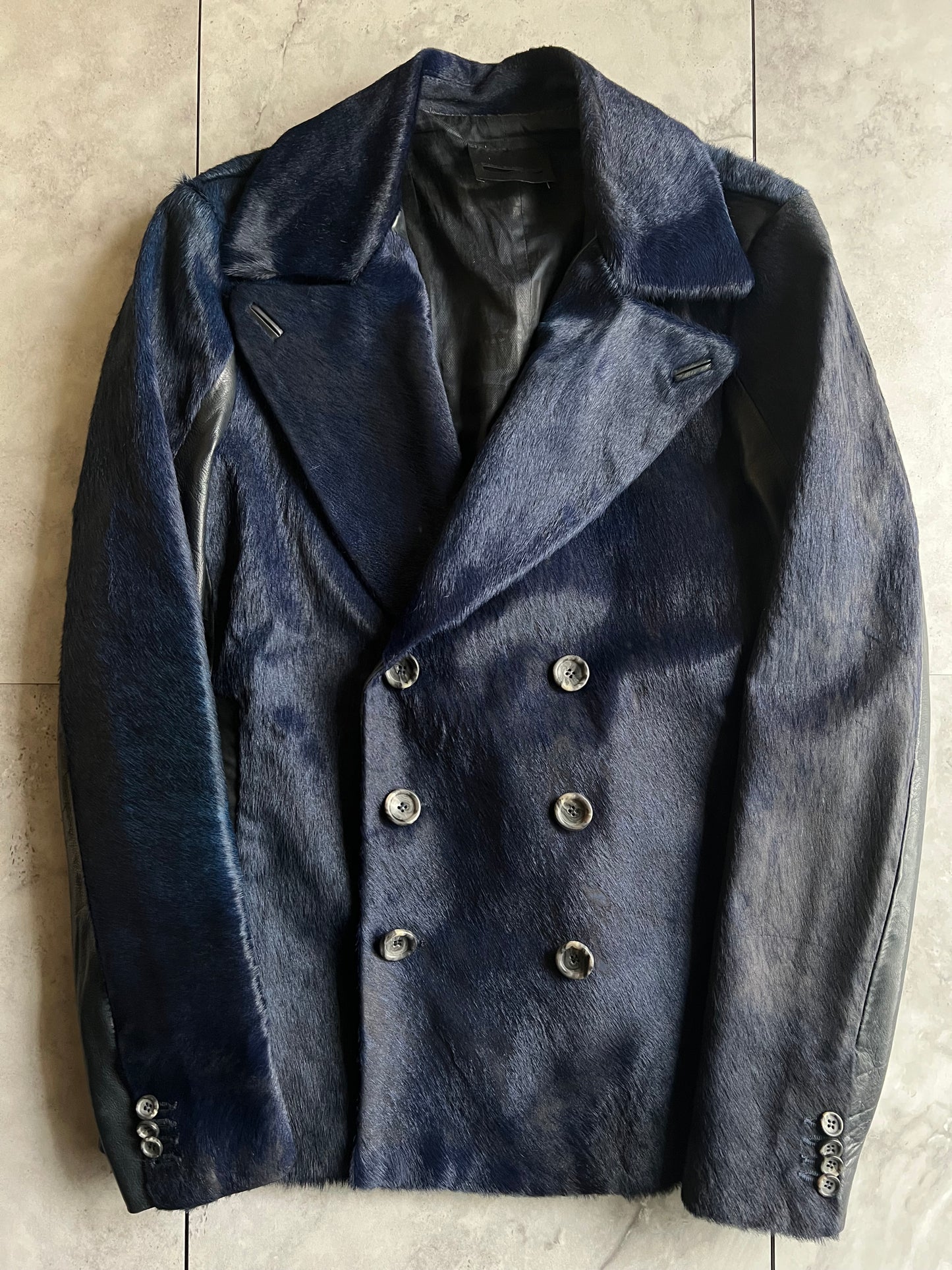 Diesel Black Gold Blue Pony Hair Pea Coat Leather Jacket