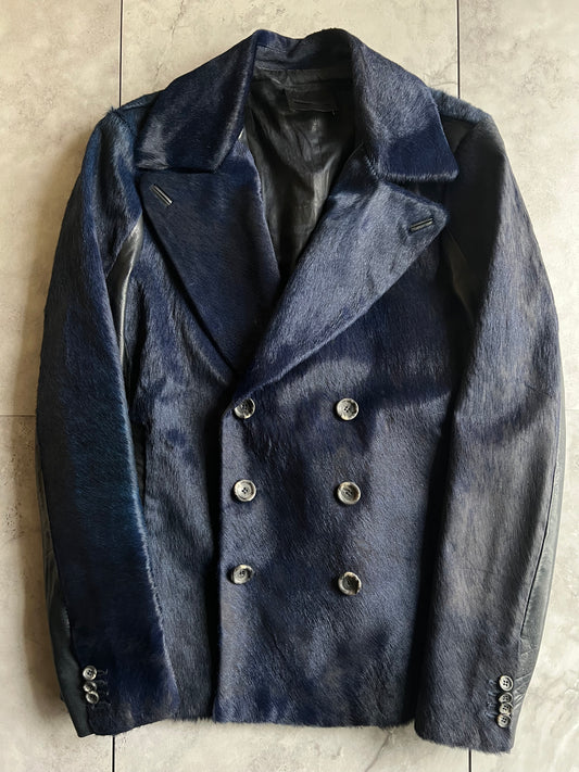 Diesel Black Gold Blue Pony Hair Pea Coat Leather Jacket