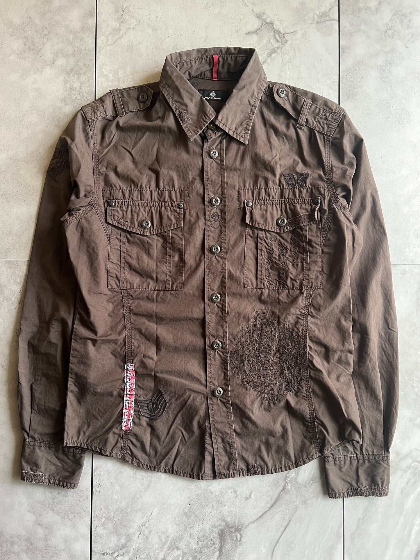 291295 Homme Military Patched Distressed Shirt