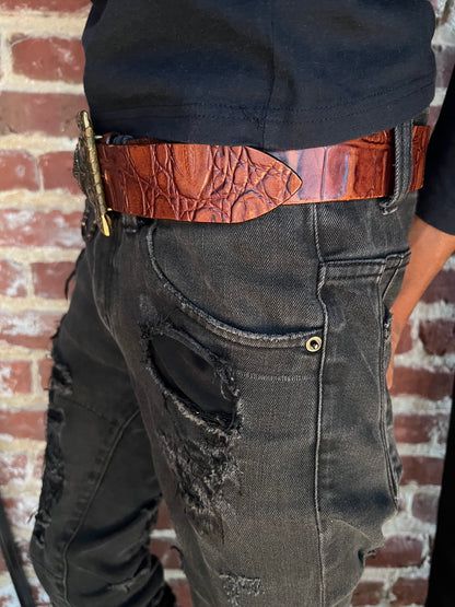291295 Homme Italian Croc Leather Geometric Buckle Belt