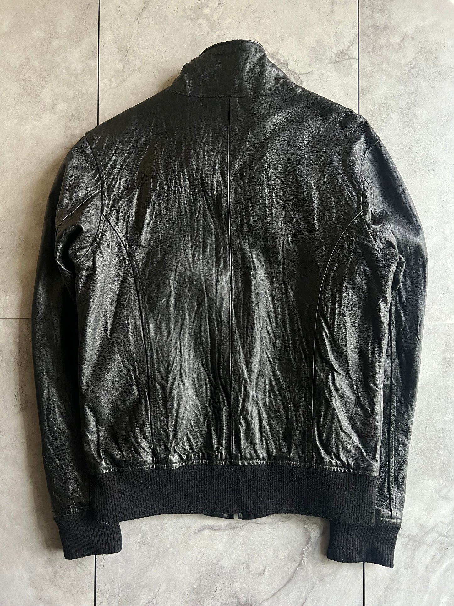 291295 Ribbed Collar Wrinkled Leather Jacket