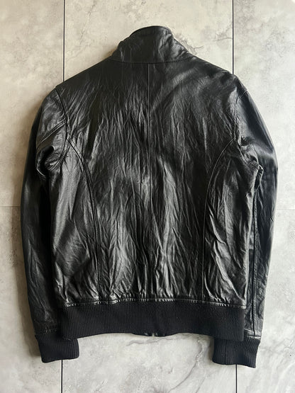 291295 Ribbed Collar Wrinkled Leather Jacket