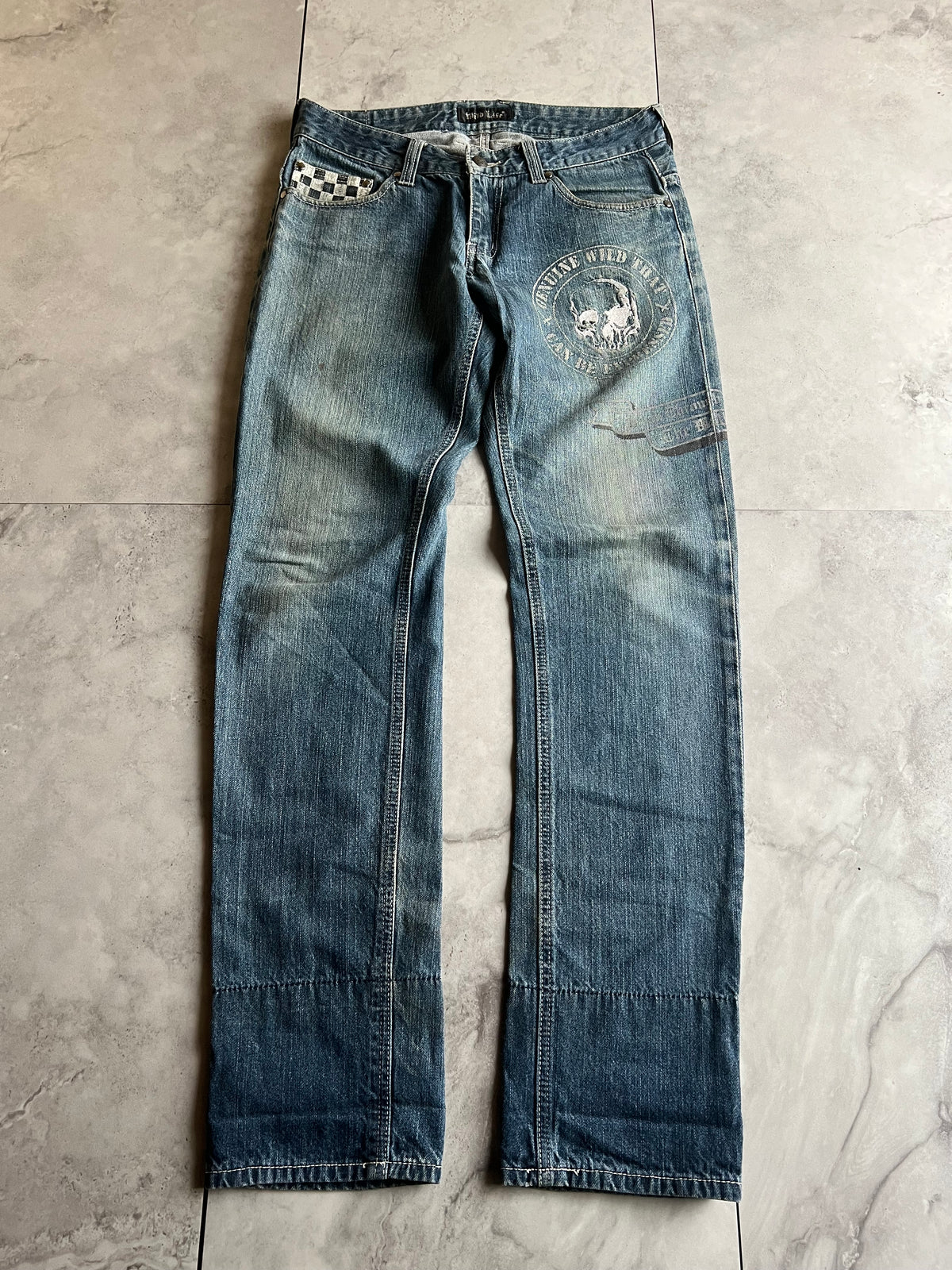 Wild Life Light Wash Checkered Pocket Racer Denim