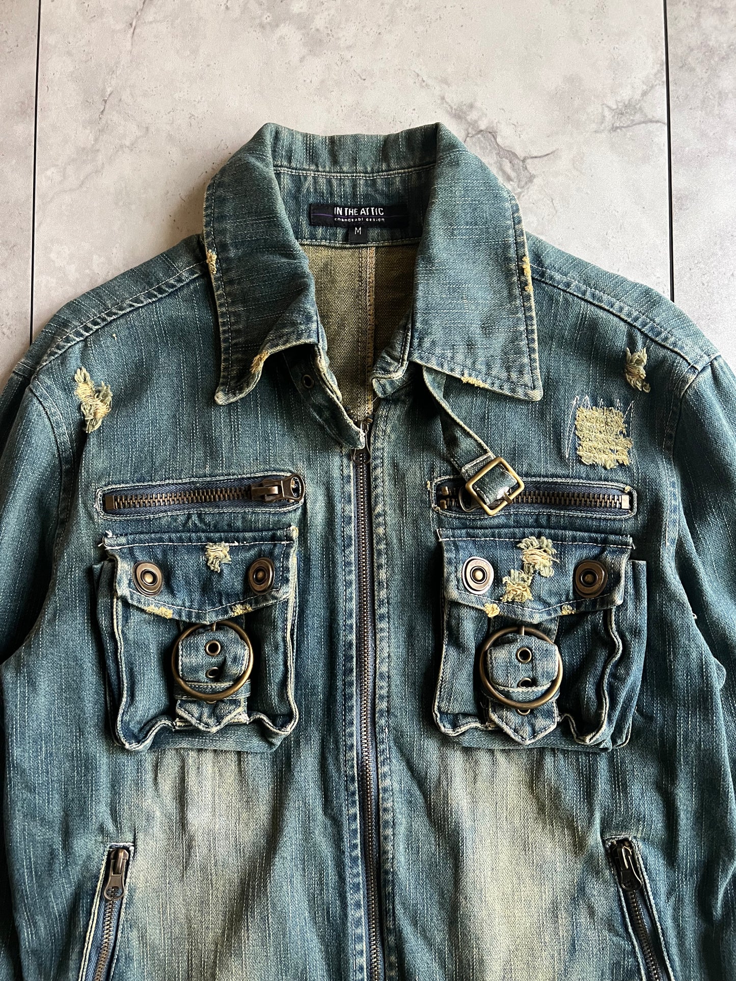 In The Attic Mudwash Distressed Zip-Up Belted Denim Jacket