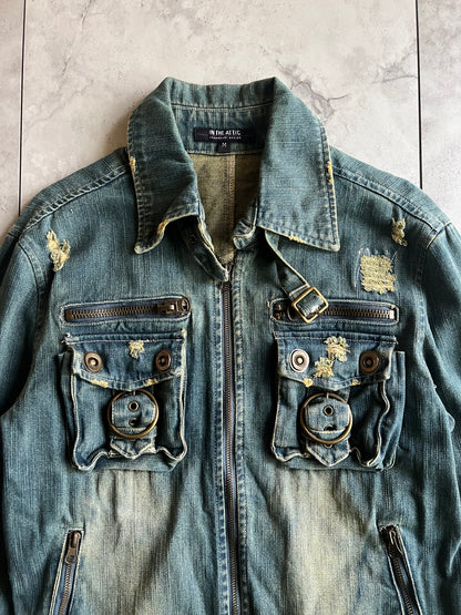 In The Attic Mudwash Distressed Zip-Up Belted Denim Jacket