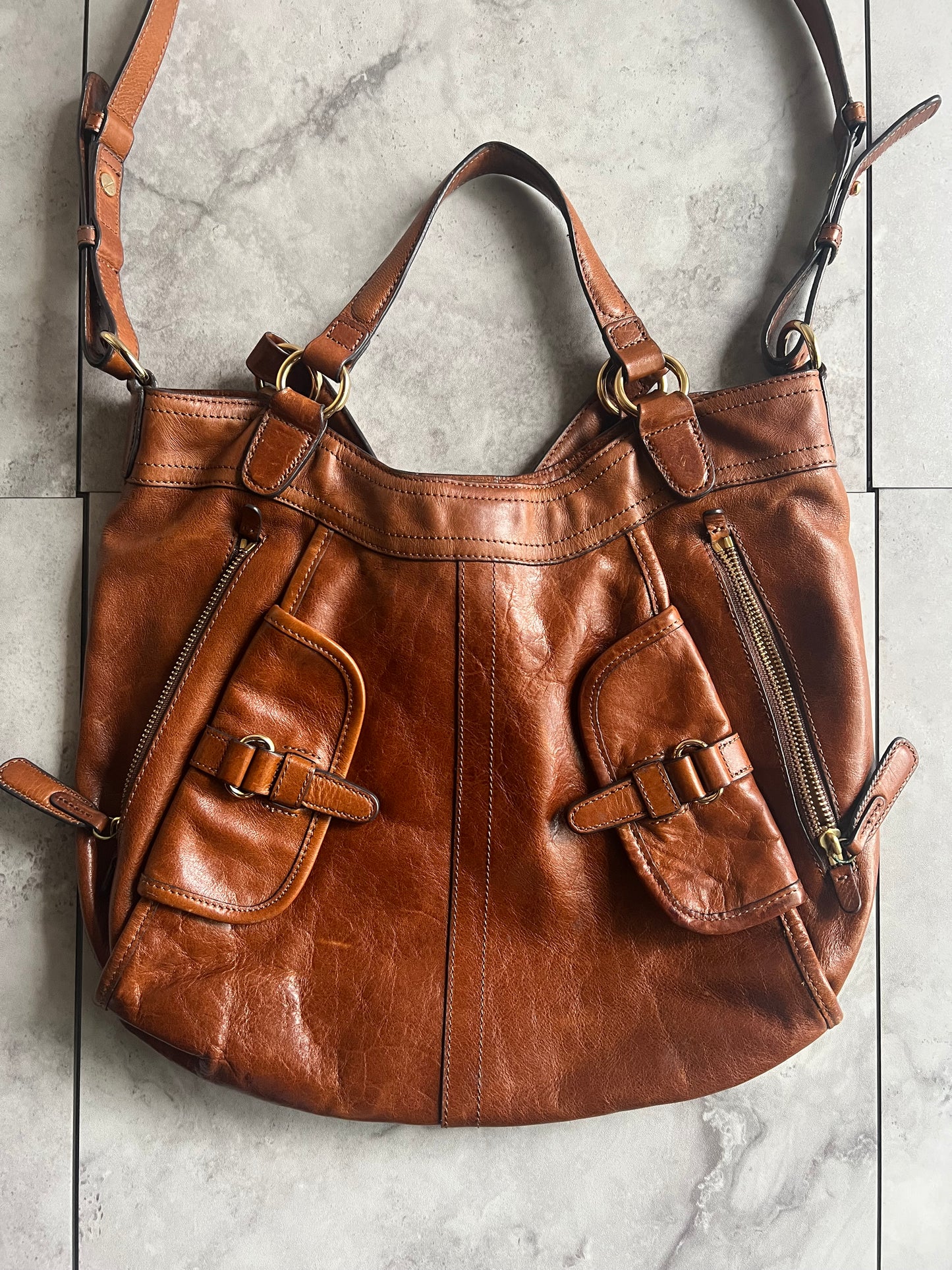 Sazaby 2-Way Brown Leather Zip Bag