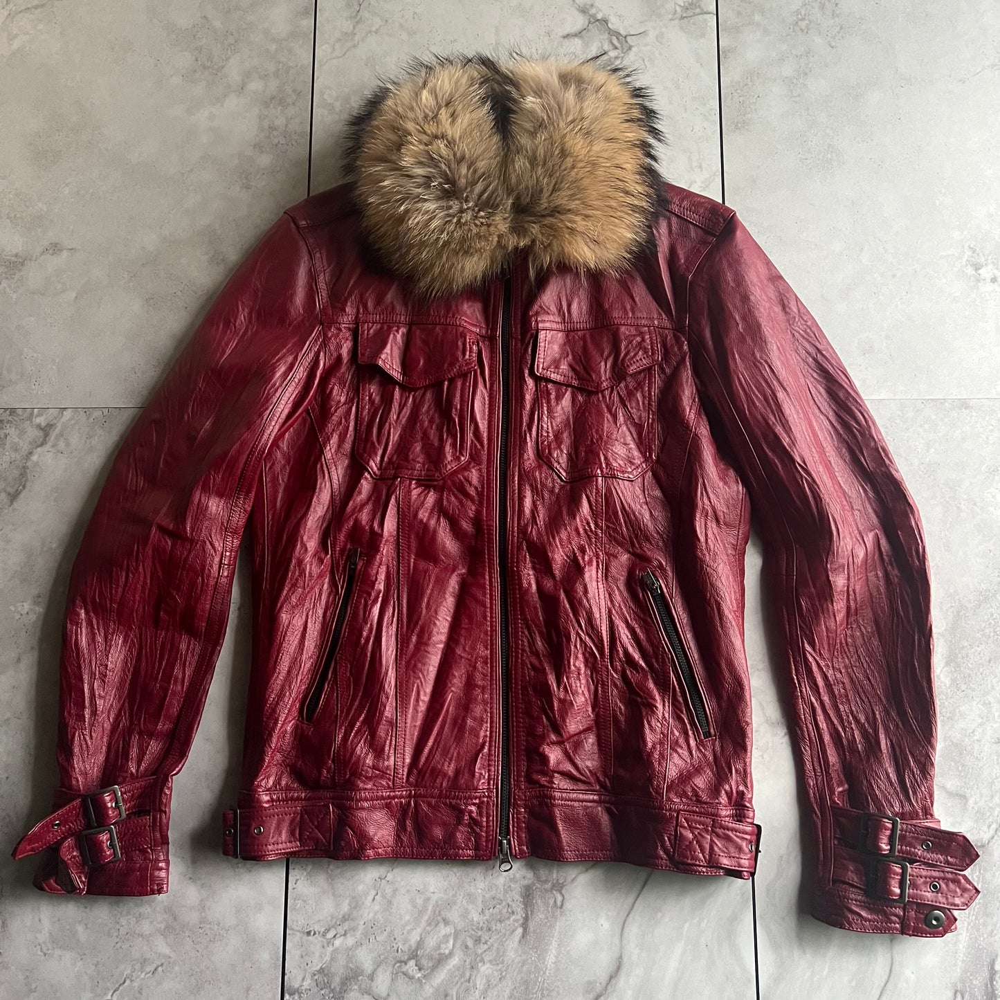 Rattle Trap Fur Collar Red Leather Jacket