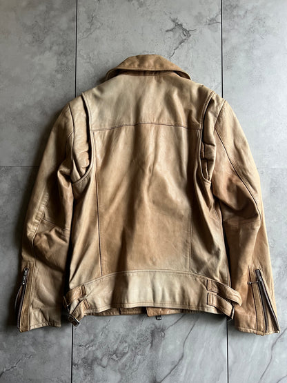 Varosh Leopard Lined Beige Leather Rider Jacket