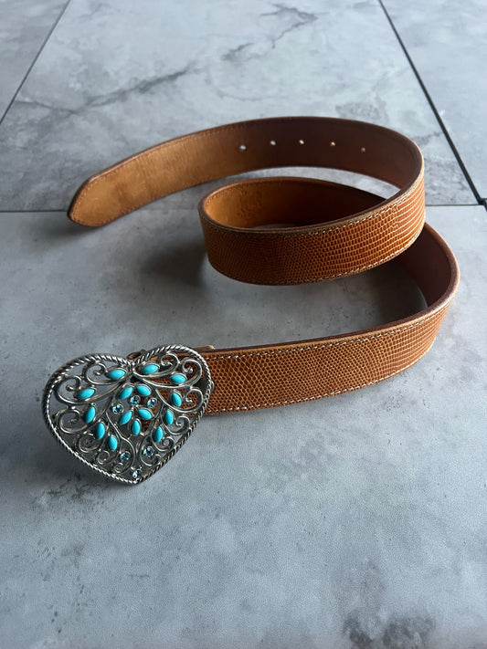 Alzuni Turqoise Rhinestone Snake Print Heart Leather Belt