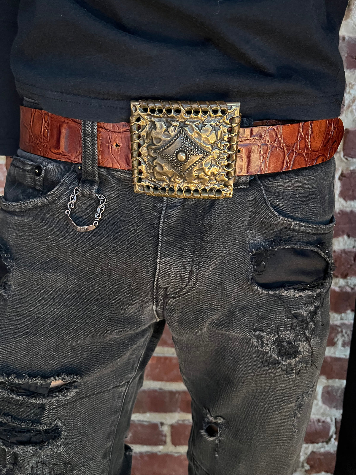 291295 Homme Italian Croc Leather Geometric Buckle Belt
