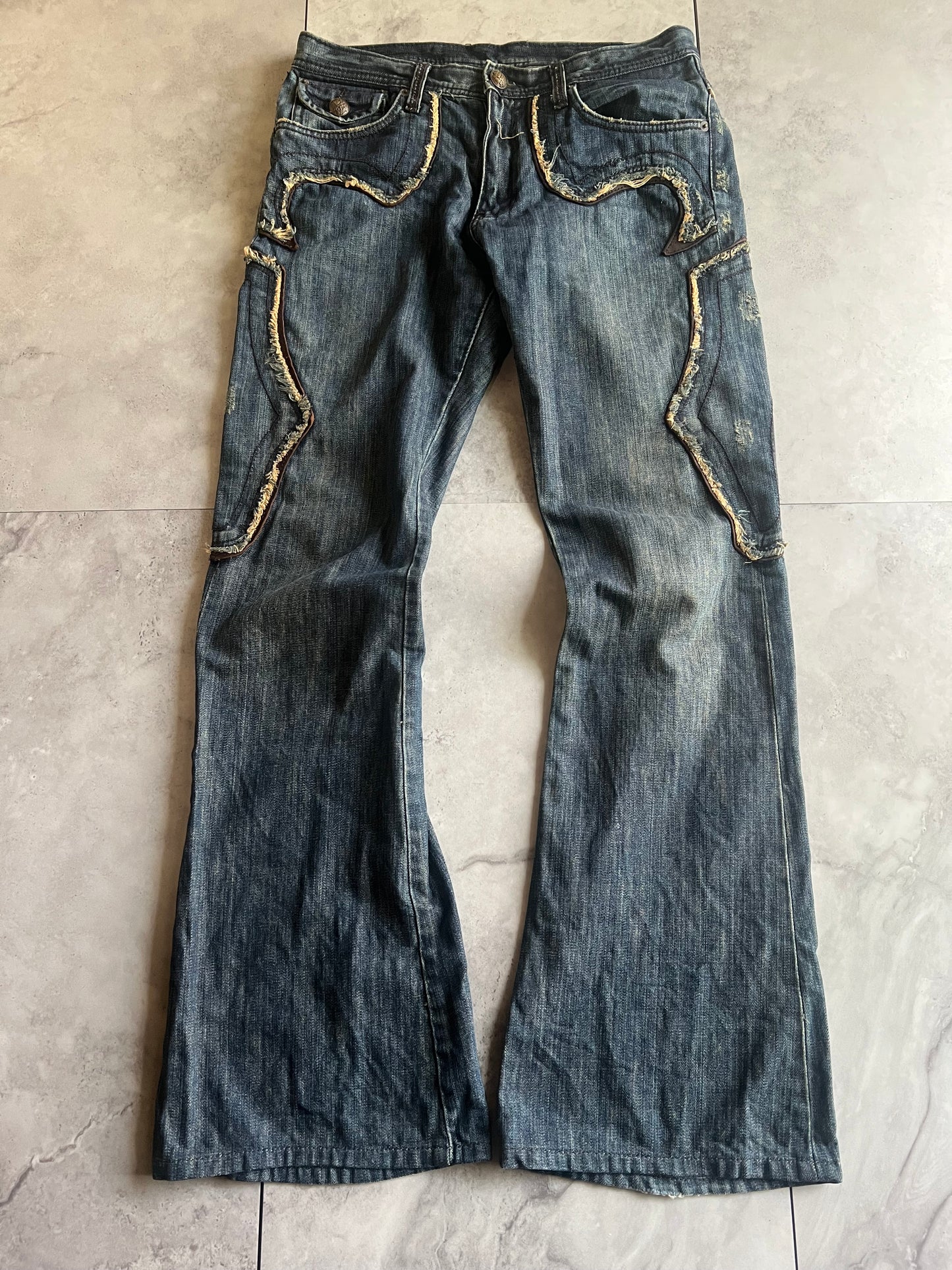 Edge Rupert Sword Studded Leather Distressed Flared Denim