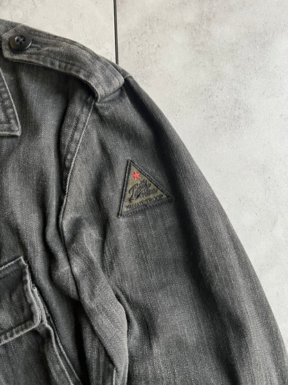 291295 Homme Embroidery Patch Military Double Zip Denim Jacket