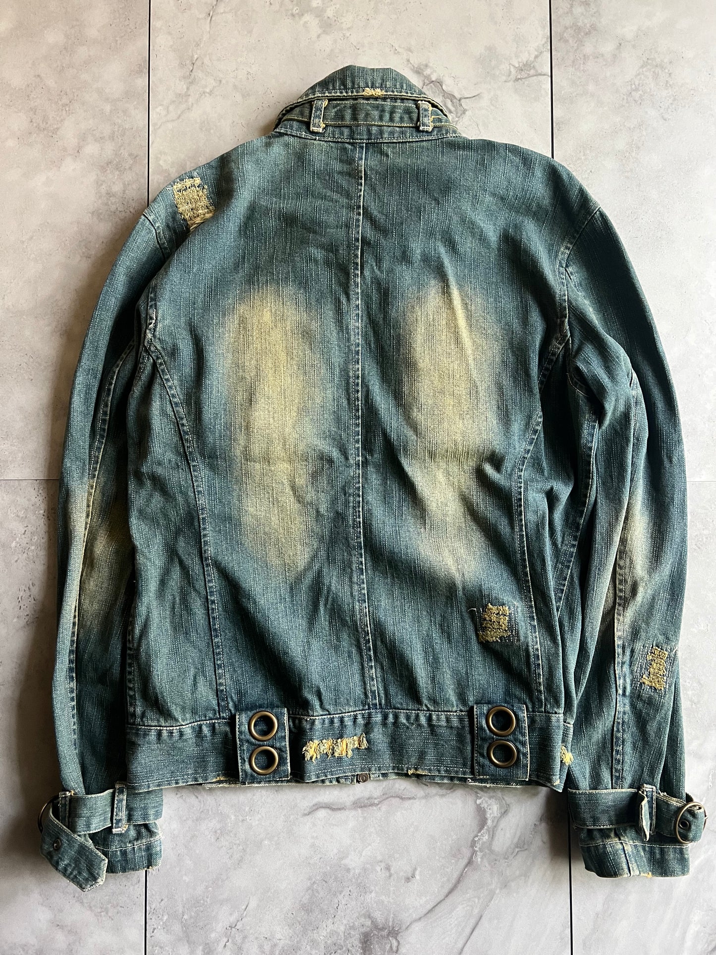 In The Attic Mudwash Distressed Zip-Up Belted Denim Jacket