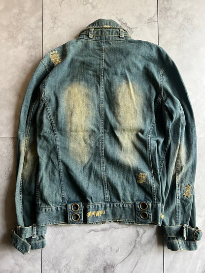 In The Attic Mudwash Distressed Zip-Up Belted Denim Jacket