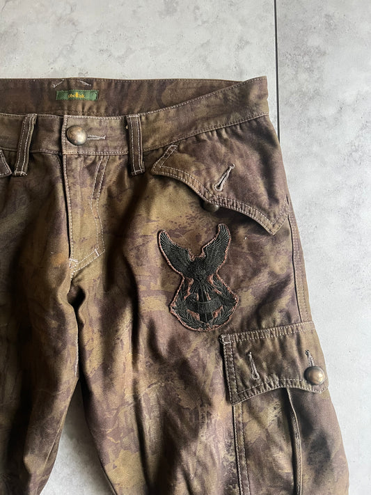 Obelisk Webbed Pocket Embroidered Camo Flared Cargo Pants