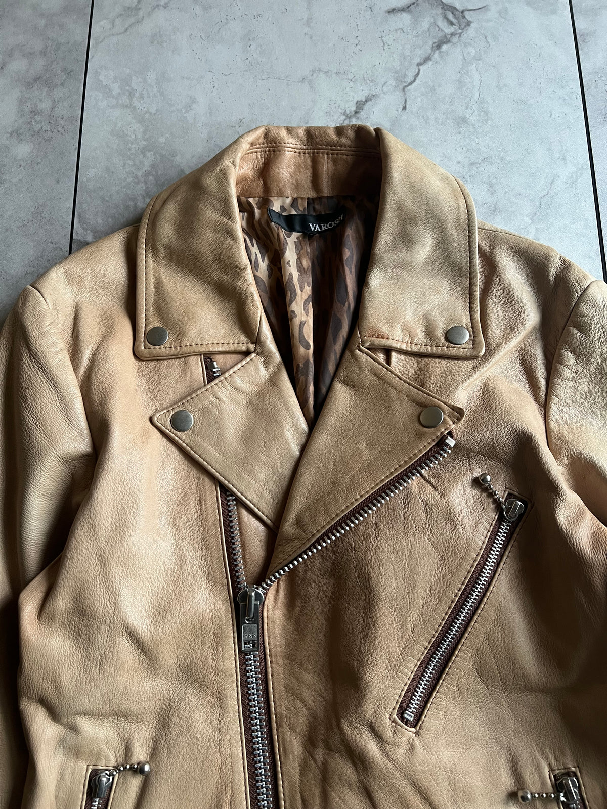 Varosh Leopard Lined Beige Leather Rider Jacket