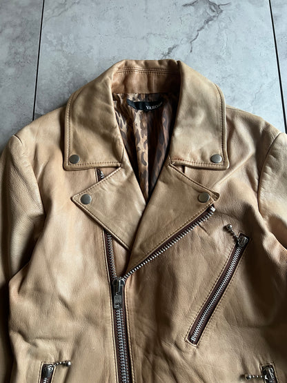 Varosh Leopard Lined Beige Leather Rider Jacket