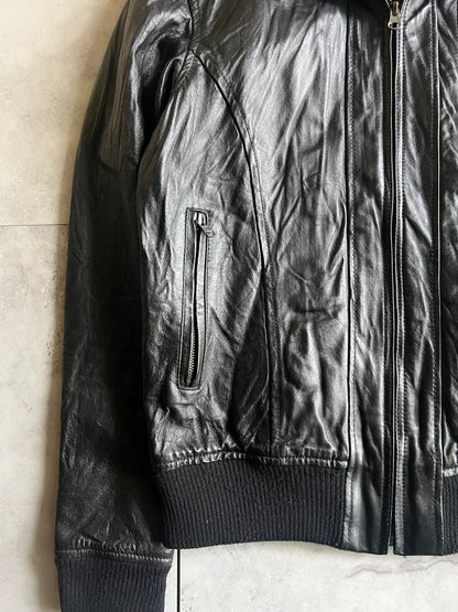 291295 Ribbed Collar Wrinkled Leather Jacket
