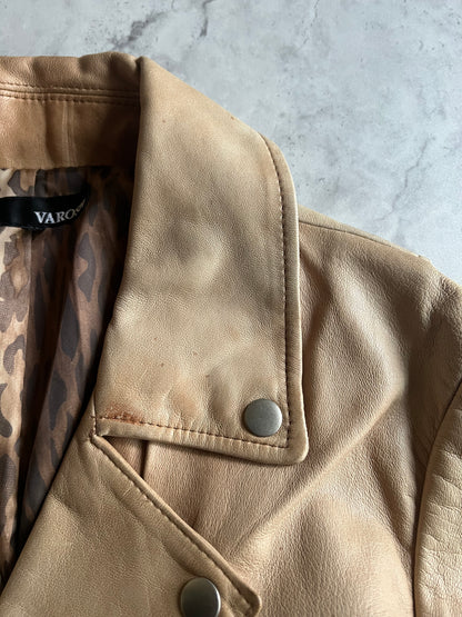 Varosh Leopard Lined Beige Leather Rider Jacket